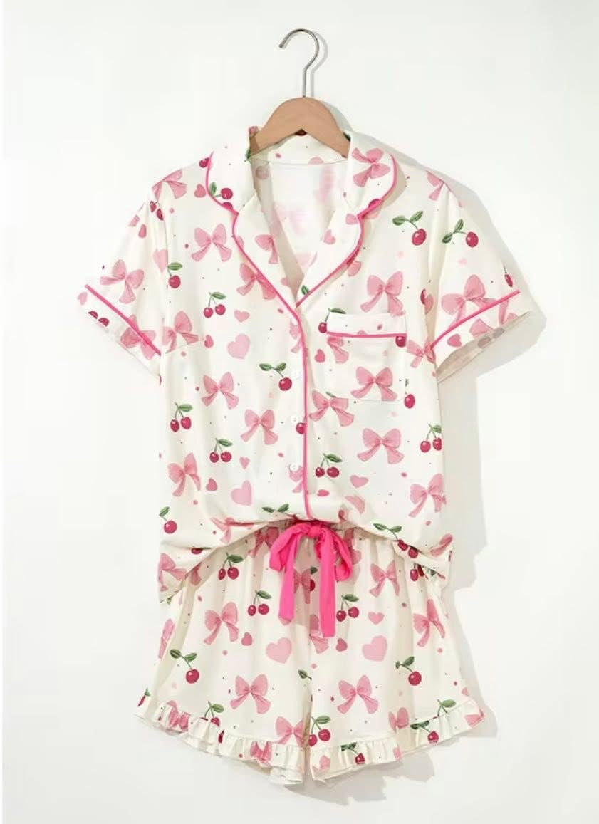 BOW CHERRY PAJAMA SHORT SET