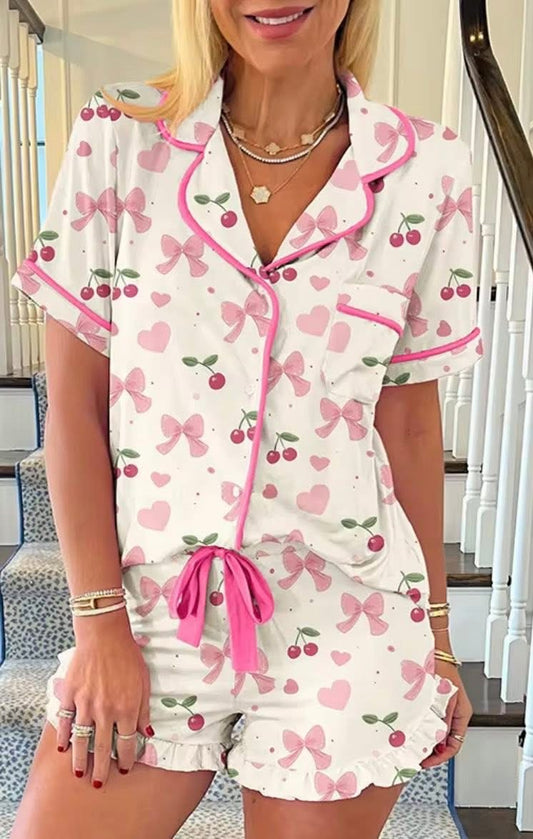 BOW CHERRY PAJAMA SHORT SET